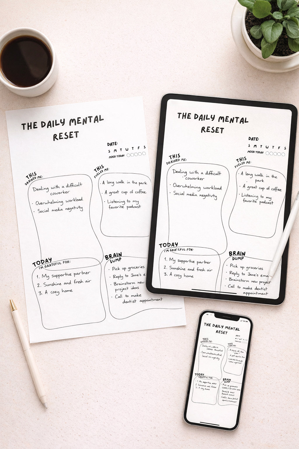 Mental Reset Planner Bundle – Daily, Weekly & Monthly Printable PDF